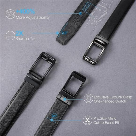 Mens Leather Ratchet Belt Adjustable Click Buckle Dress Casual Work Gift Box - Picture 2 of 7